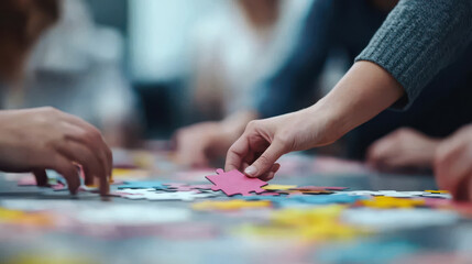 Obraz premium Assembling colorful puzzle pieces together in collaborative effort