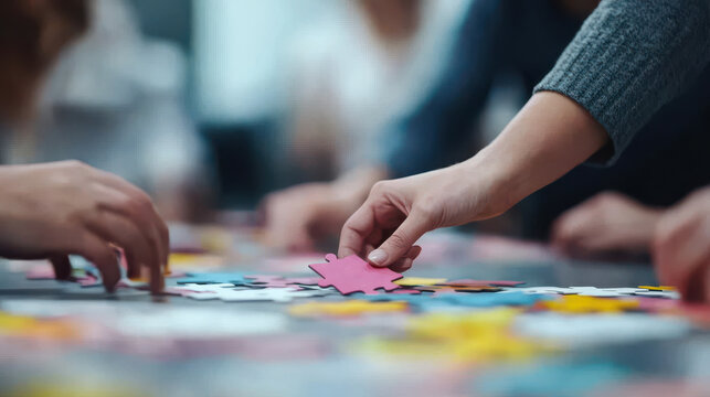 Assembling colorful puzzle pieces together in collaborative effort