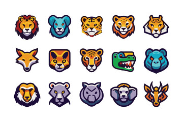 Obraz premium Stylized Animal Head Icon Set Lion, Bear, Cheetah, Fox, Crocodile, Elephant, and More