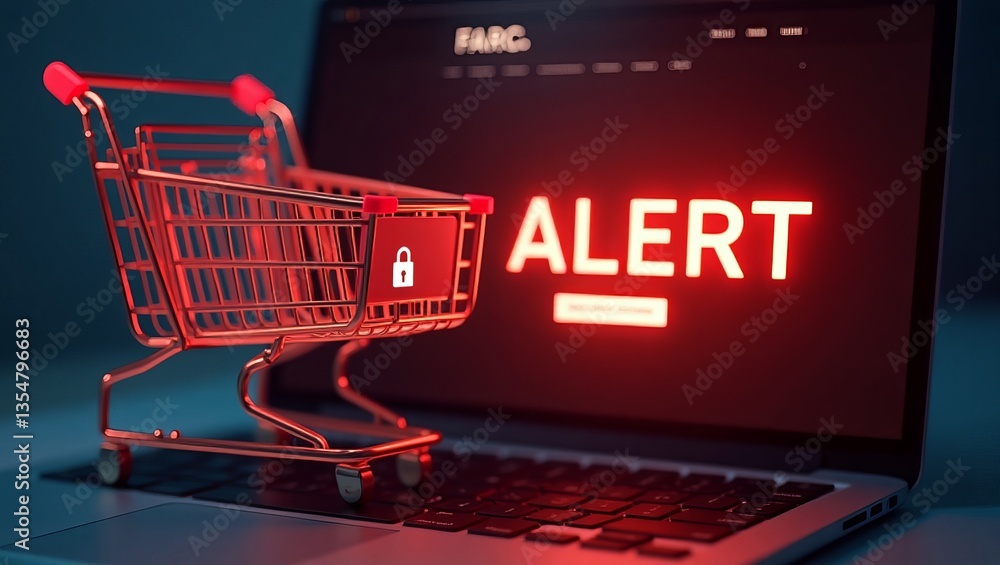 Poster a glowing red shopping cart icon and 'alert' message on a laptop screen, representing cybersecurity 