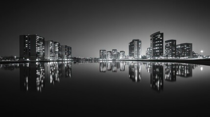 Fototapeta premium Night cityscape reflected on water, urban skyline
