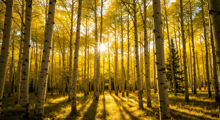 Obraz premium Sunlight Streaming Through Aspen Forest with Golden Leaves and Shadows
