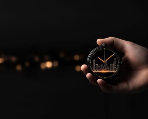 A hand holding a stylish watch with a modern design against a dark backdrop, highlighting elegance and time.