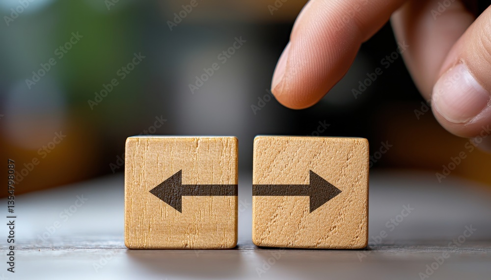 Poster a hand interacting with wooden blocks displaying arrows, symbolizing choices and decisions in busine