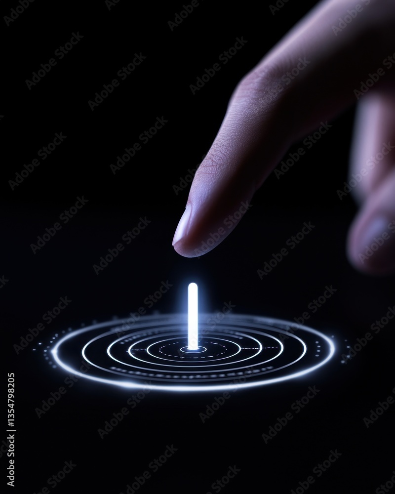 Poster a hand touching a glowing cylindrical object, creating concentric circles of light in a dark environ