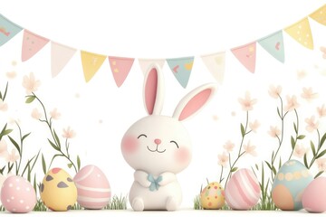 Obraz premium A delightful cartoon-style image featuring a happy bunny surrounded by pastel Easter eggs and flowers, encapsulating the playful spirit and joy of the Easter celebration.