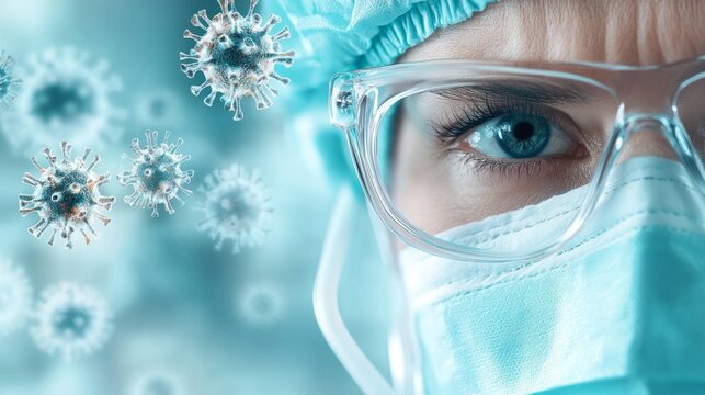 A close-up of the face and glasses of a scientist wearing protective , surrounded by medical symbols like virus shapes. World Health Day concept. - Powered by Adobe