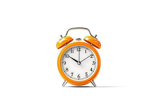 Orange alarm clock with white background.