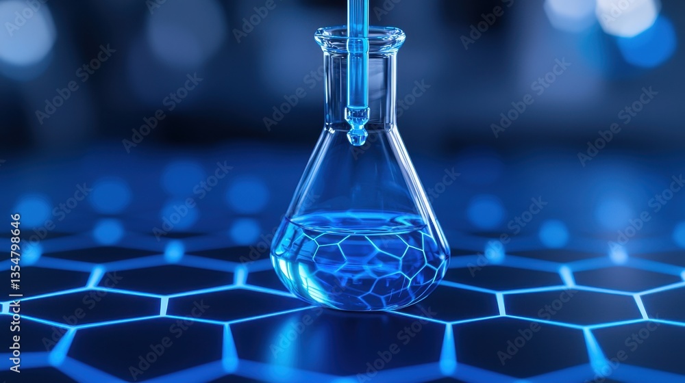 Poster a laboratory flask filled with blue liquid, sitting on a hexagonal patterned surface, symbolizes inn