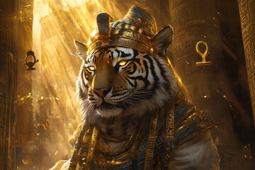 Majestic tiger adorned in ancient royal attire, set against a sunlit temple backdrop