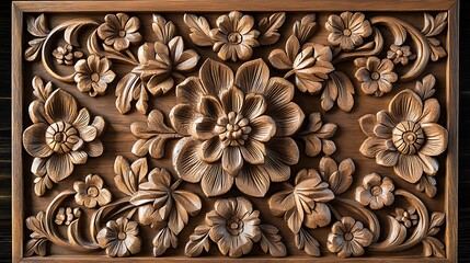 Refined visualization of ornamental carving showcasing intricate floral motifs and geometric patterns adorning traditional wooden panels for timeless decorative appeal