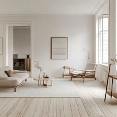 Fototapeta premium Clean minimalist Scandinavian living room design featuring cozy furniture and light wooden floors Generative AI