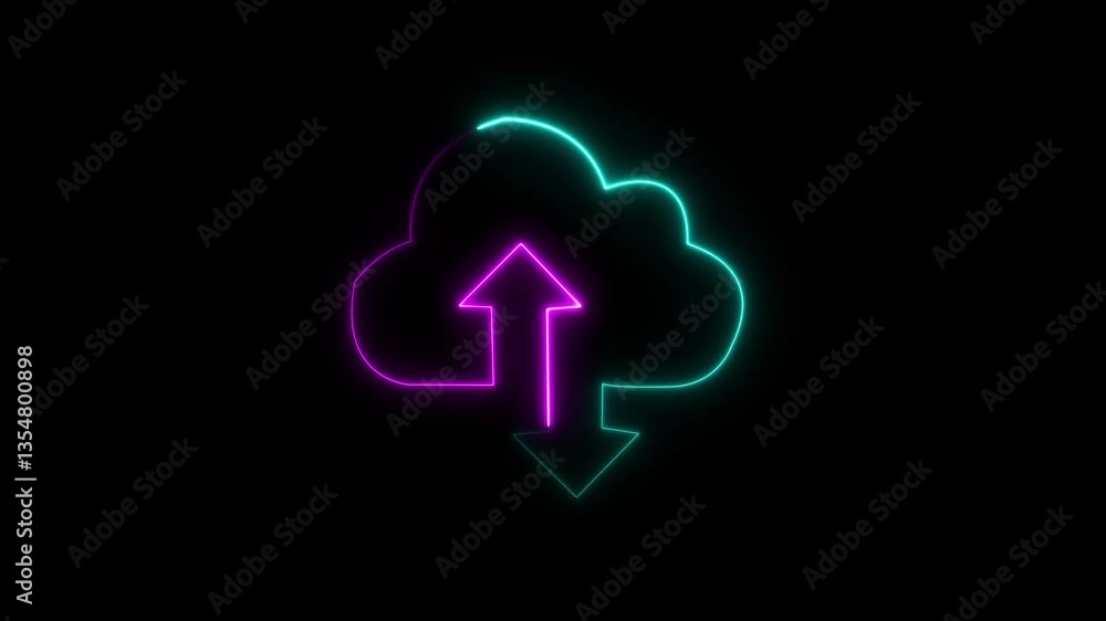 Poster upload icon symbol, cloud icon and neon line upload arrow icon animation on black background.