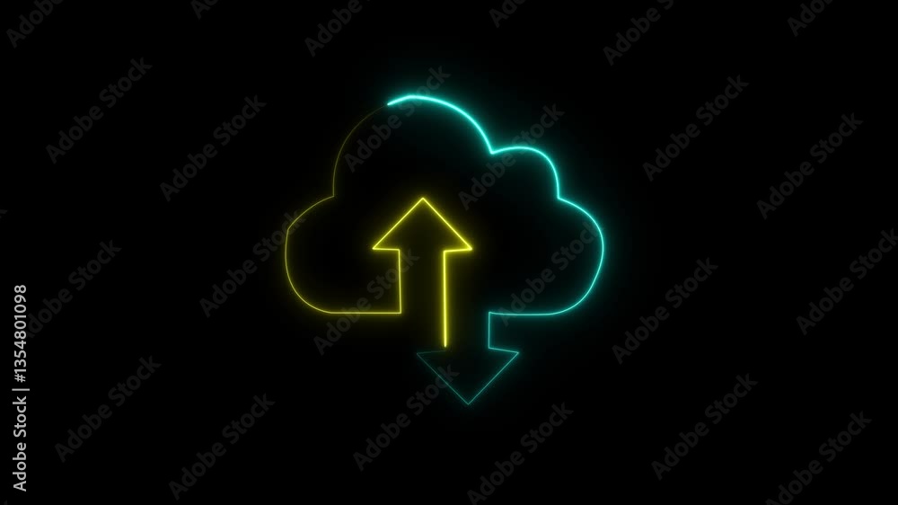 Poster upload icon symbol, cloud icon and neon line upload arrow icon animation on black background.