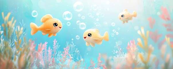 Cute Cartoon Fish Swimming in Colorful Underwater Scene with Bubbles