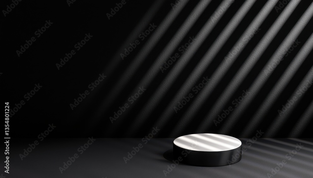Poster a minimalistic abstract composition featuring a round object and striking shadow patterns on a dark 