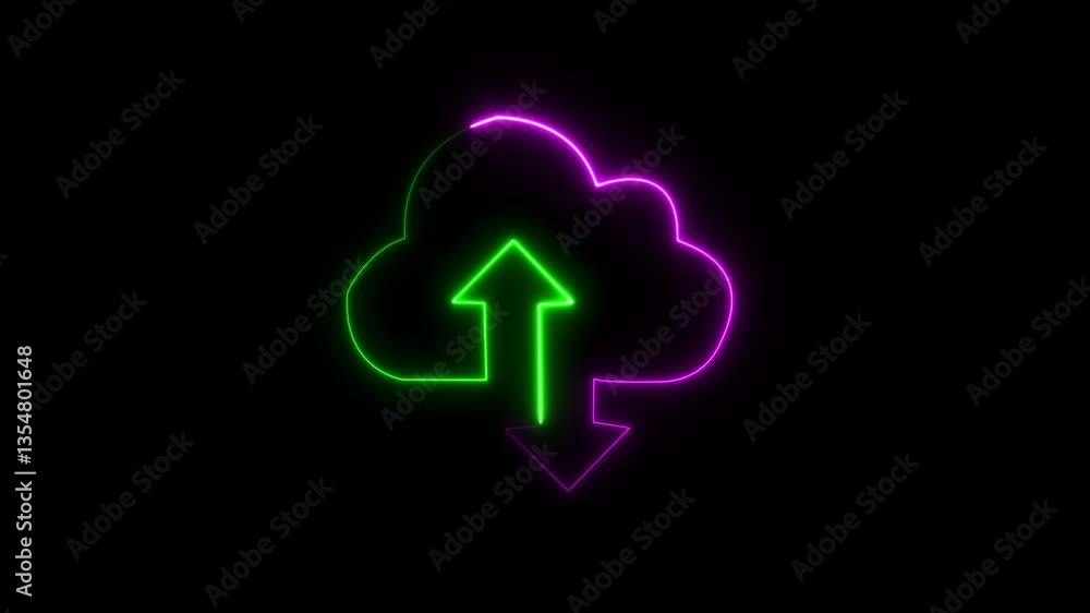 Poster upload icon symbol, cloud icon and neon line upload arrow icon animation on black background.