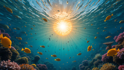 Naklejka premium Underwater Coral Reef Sunset.