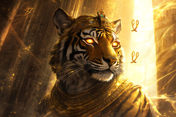 Majestic tiger adorned with ancient Egyptian jewelry, set against a golden temple backdrop