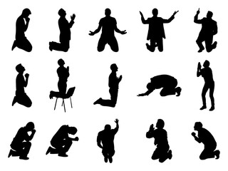 Set of Man praying and praising God on knees Silhouette in various poses isolated on white background