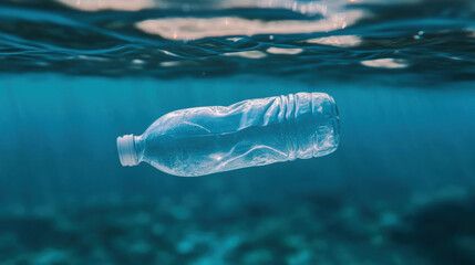 clear plastic bottle floating in water symbolizes pollution and environmental issues, highlighting impact of waste on marine life