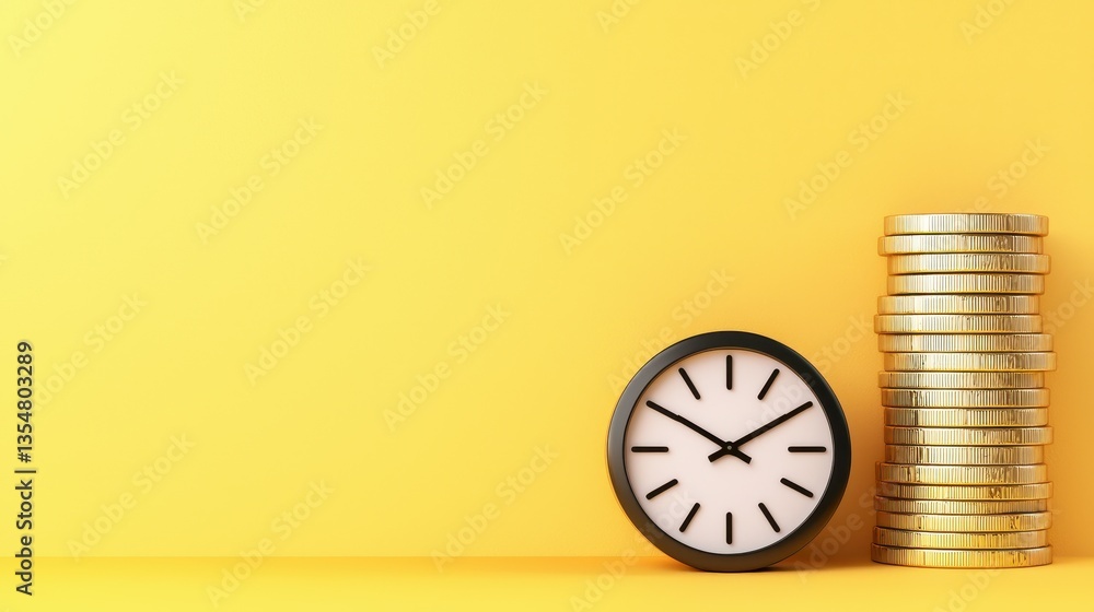 Poster a modern clock next to a stack of coins on a vibrant yellow background, symbolizing time and financi