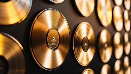 Gold vinyl records are featured on a dark wall, highlighting music industry success and various artists accomplishments with a classic touch