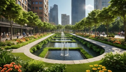 Urban Fountain Park with Trees and Skyscrapers on a Sunny Day