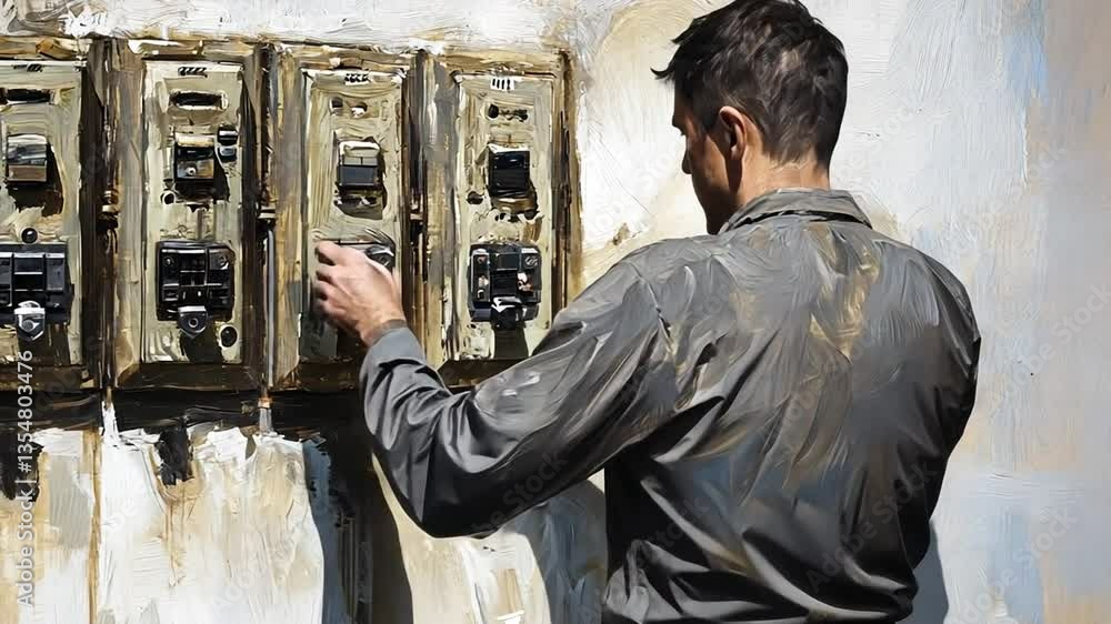 Poster man repairs switchboard voltage with automatic switches generative ai