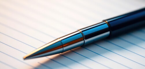 Naklejka premium Close-up of a ballpoint pen resting on open lined diary pages, selective focus on the pen, lines, journal