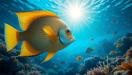 Fototapeta premium Golden fish with coral reef, and ocean sun.
