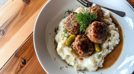 Homemade Juicy Meat Patties with Mashed Potatoes and Pickles