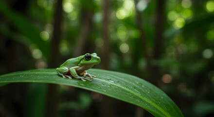 Fototapeta premium Green Tree Frog Sitting on Leaf in Lush Rainforest Environment
