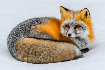 Majestic silver fox curled in snow, vibrant fur, intense gaze.  Stunning winter wildlife photography.