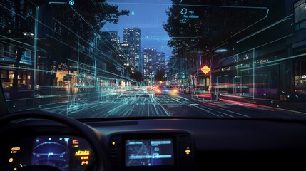 Night city street view from inside a car with augmented reality interface showing digital overlay of buildings and traffic.