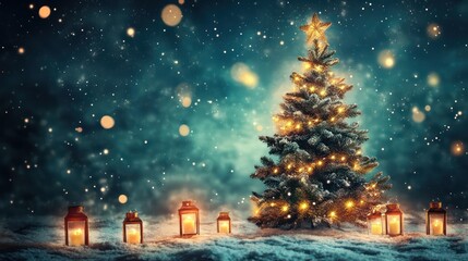 Naklejka premium Christmas Tree Winter Scene Illustration