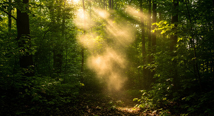 Obraz premium Sunlight Streaming Through Mystical Forest Landscape Creating a Serene Atmosphere