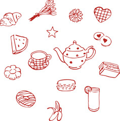 A set of doodle illustrations of sweets. Illustrations of cookies, teapot and summer snacks.
