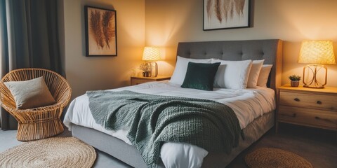 Cozy bedroom with gray bed, green blanket, rattan chair, and warm lighting.