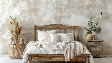 Rustic bedroom interior design with wooden bed, neutral bedding, pampas grass, and textured wall.  Perfect for home decor, interior design, and lifestyle blogs.