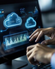 Hands interacting with a virtual cloud computing interface, showcasing digital technology and modern communication.