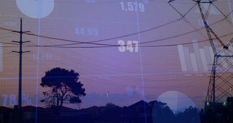Power lines silhouetted against sunset with financial data overlay animation - Powered by Adobe