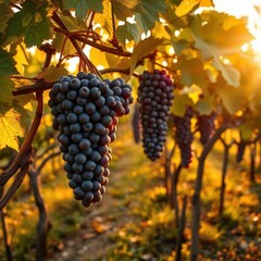 Golden hour sunlight bathes ripe purple grapes hanging heavy on vines in a picturesque autumn vineyard, nature, november, farm