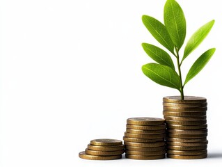 A sapling growing from stacks of coins, symbolizing growth, investment, and sustainability in finance.