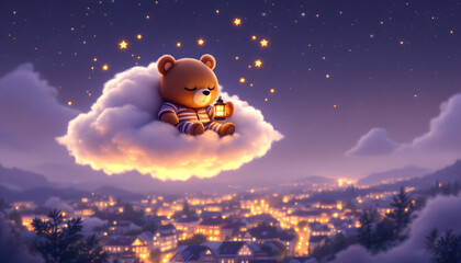 Teddy Bear's Night Flight: A Dreamy Nighttime Journey Over a Cityscape