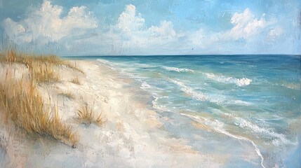 Serene Coastal Landscape with Gentle Waves and Soft Blue Sky