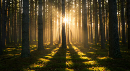 Naklejka premium Sunlight Streaming Through Tall Trees in a Peaceful Forest Setting