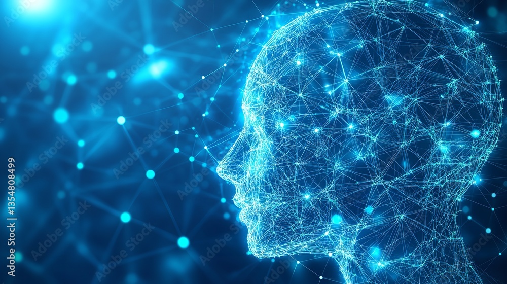 Poster digital representation of human head with blue glowing network connections and data points