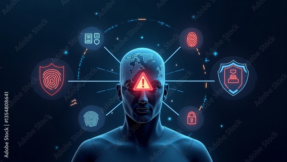 Poster a digital representation of cybersecurity concerns with a human figure symbolizing identity protecti