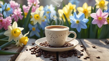 cup of coffee on table against background of spring flowers, bright lighting, cup of coffee and tulips